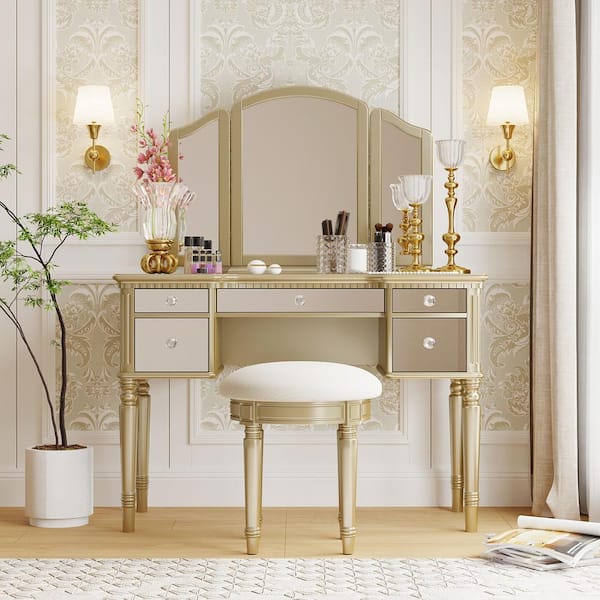 Dressing Table: Gold and White Vanity Set with Lighted Mirror & Stool – GKW  Retail