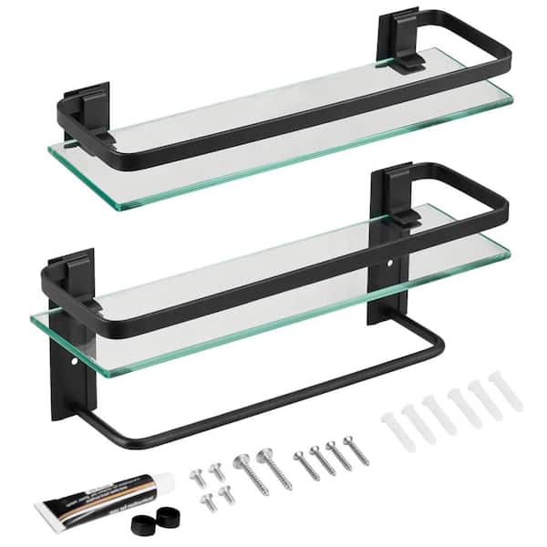2-Tier 15.7 in. W 5.85 in. H x 4.88 in. D Glass Rectangular Shelf in Black with Towel Bar, Rustproof Bathroom Organizer