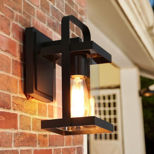 Craftsman Cage Outdoor Porch Wall Sconce 1-Light Matte Black Farmhouse Outdoor Patio Wall Light with Clear Glass Shade