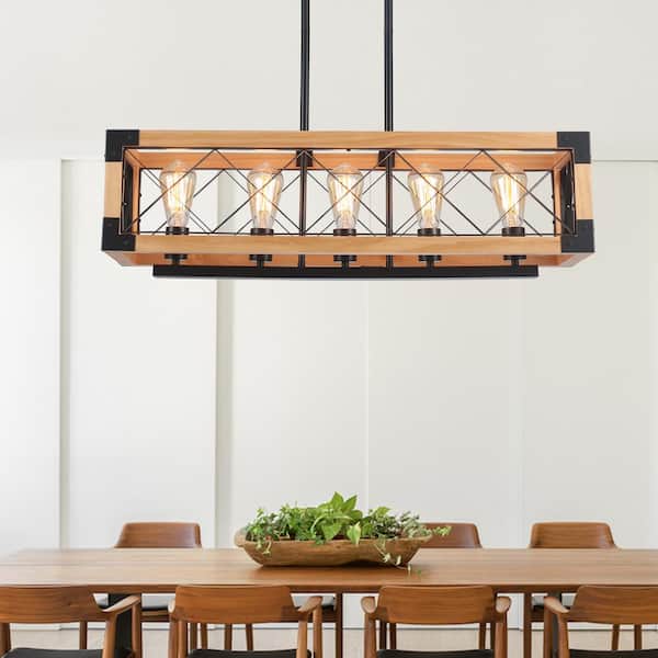 ZJVAIVE 5-Light Natural Industrial Rectangular Hanging Linear Island Chandelier Lighting for Kitchen Island