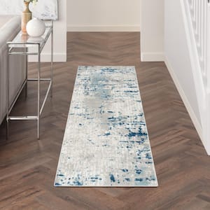 Concerto Ivory Grey Blue 2 ft. x 6 ft. Abstract Contemporary Runner Area Rug