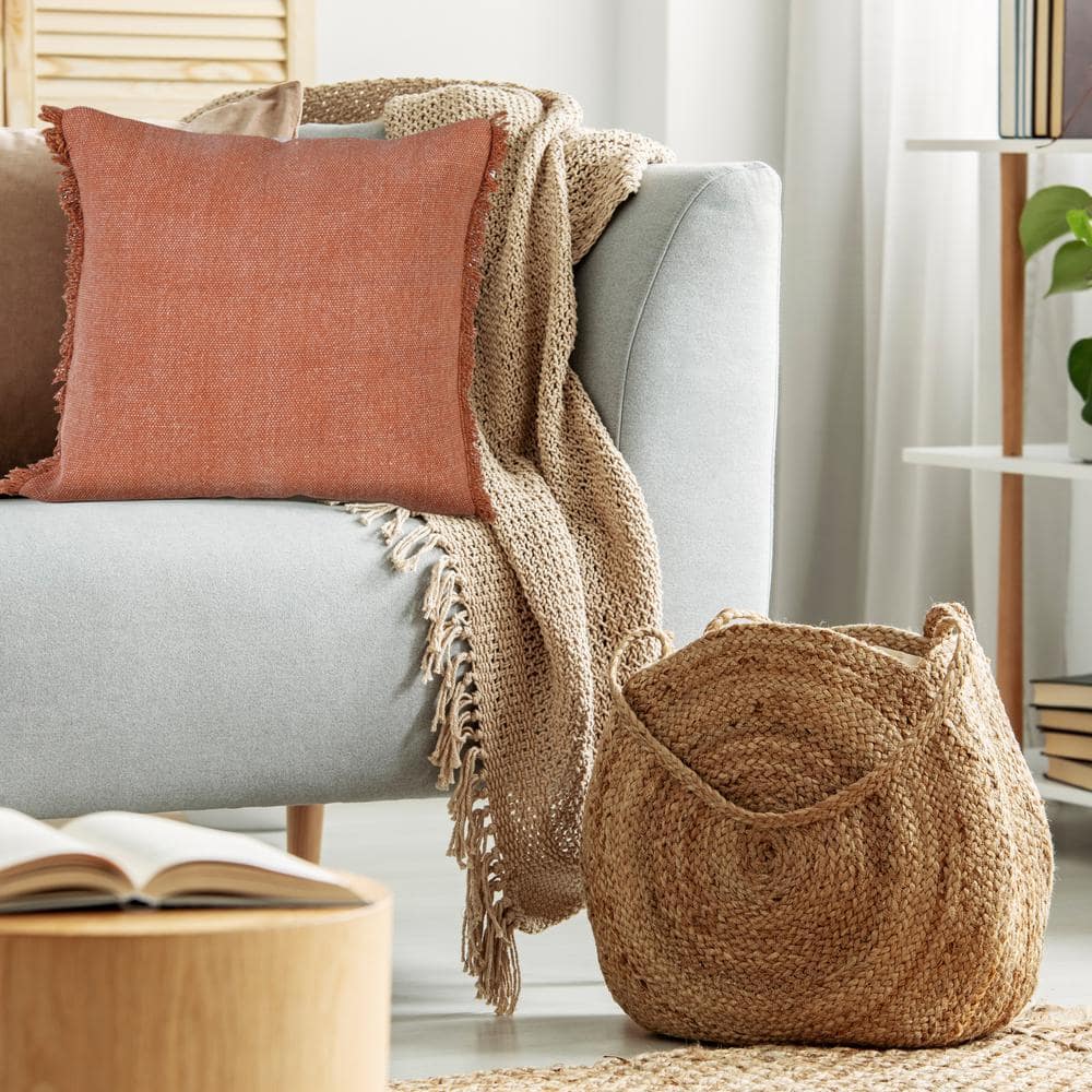 Nina Burnt Orange Cotton Fringed 20" x 20" Throw Pillow Set