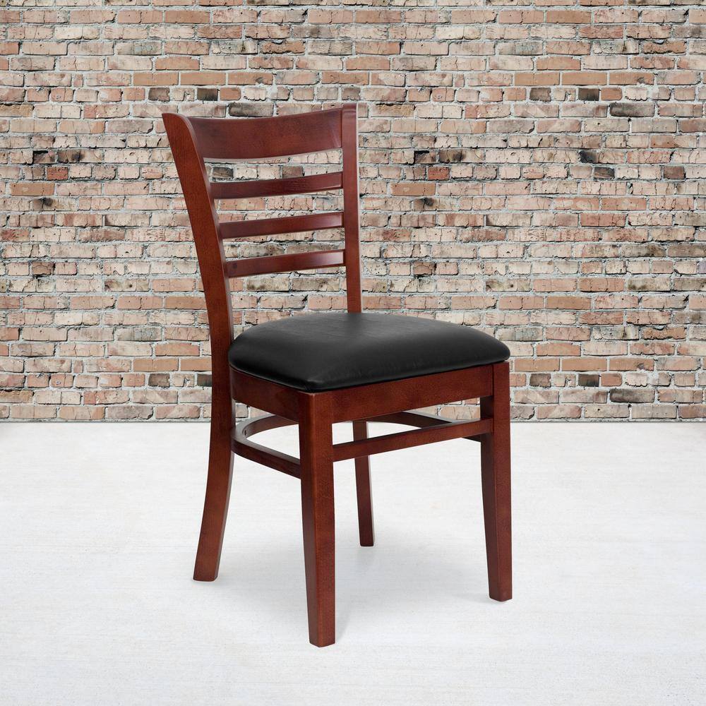Mahogany Wood Ladderback Chair with Black Vinyl Seat