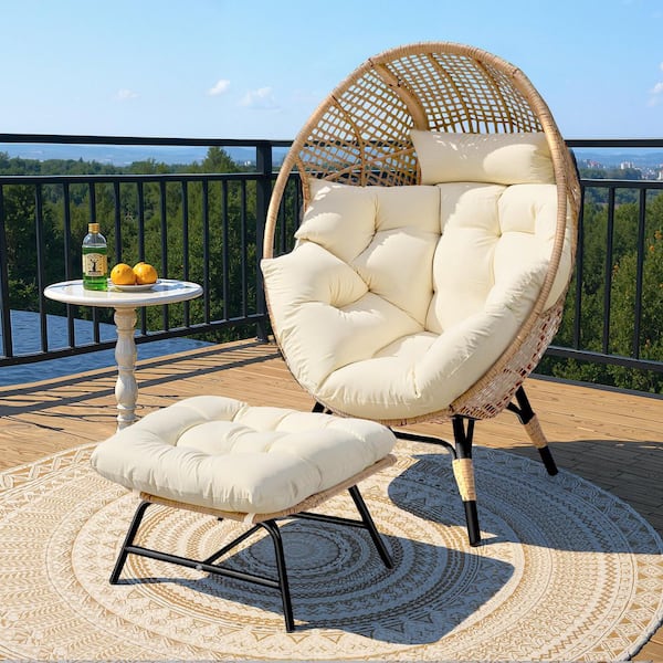 PE Wicker Indoor Outdoor Lounge Egg Chair with Beige Cushion and