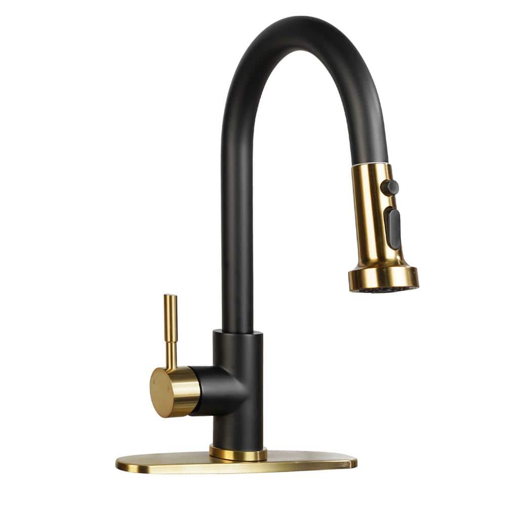 Gold and Black Stainless Steel High-Arc Kitchen Faucet with Pull-Out Spray