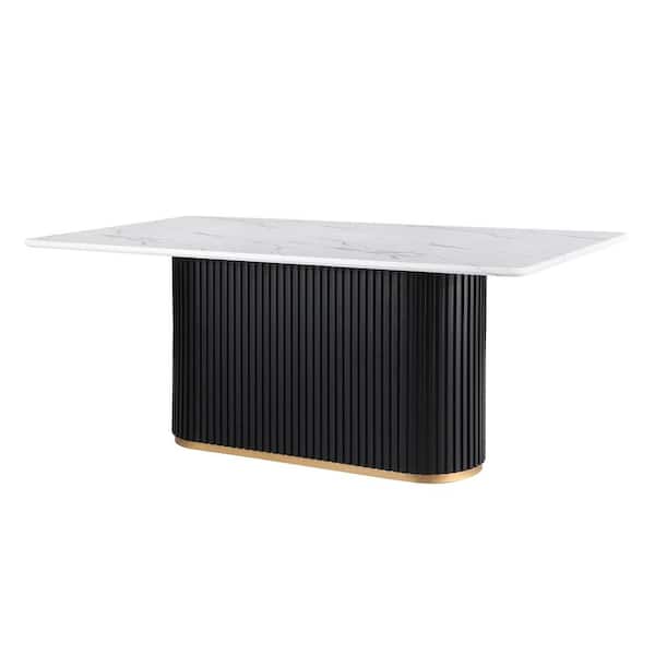 Modern 7-Piece Faux Marble Dining Table Top with Boucle Chair in Black Dining Room Set for Kitchen Restaurant Seats 6