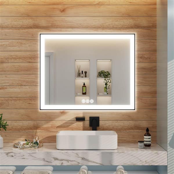 40 in. W x 32 in. H Rectangular Framed LED Light with 3-Color and Anti-Fog Wall Mount Bathroom Vanity Mirror in Black