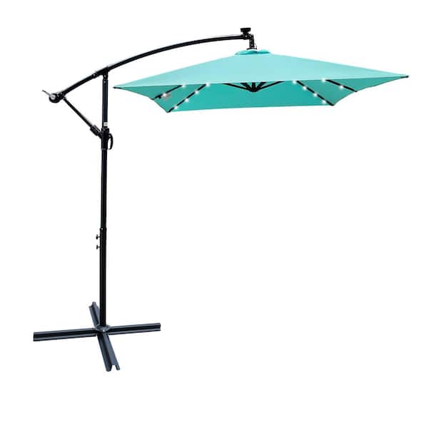Tunearary 10 ft. x 6.5 ft. Steel Market Umbrella Outdoor Patio Umbrella in Turquoise Solar LED Lights Crank Cross Base Rectangle