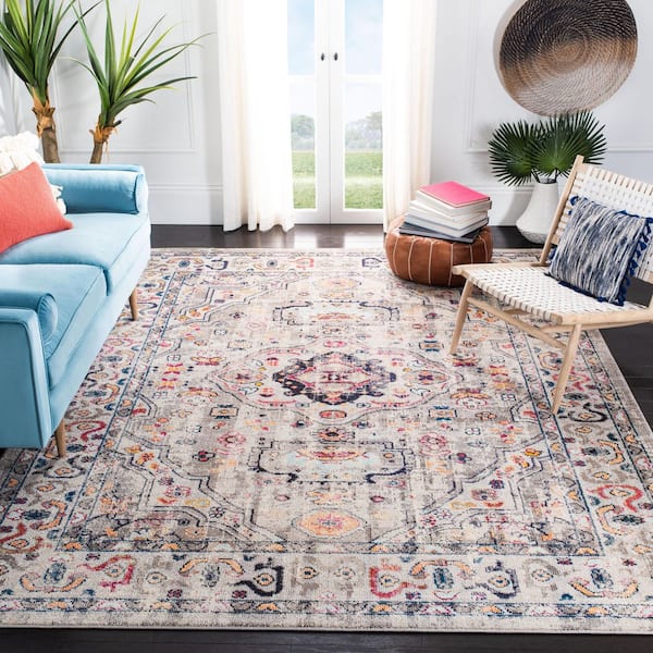 Madison Gray/Blue 12 ft. x 15 ft. Geometric Border Floral Medallion Area Rug