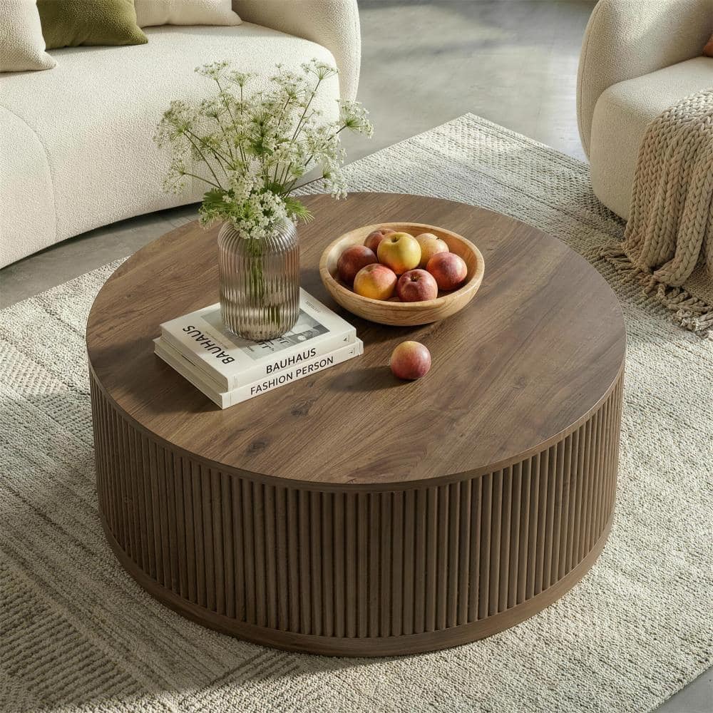 "36.02"" Round Solid Wood Handcrafted Coffee Table with Fluted Design" price history on PriceWatchPro
