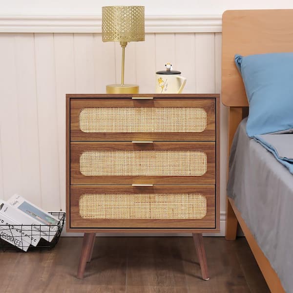 ATHMILE Walnut 3-Drawer Wood Rattan Storage Nightstand (23.6 in. D x 15.35 in. W x 29.5 in. H)