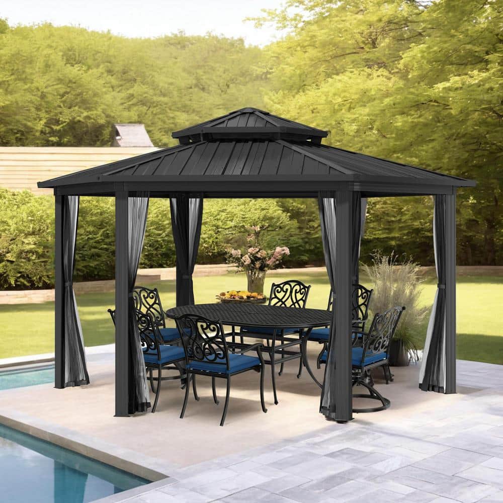 15x15 Ft Black Aluminum and Steel Hexagon Patio Gazebo