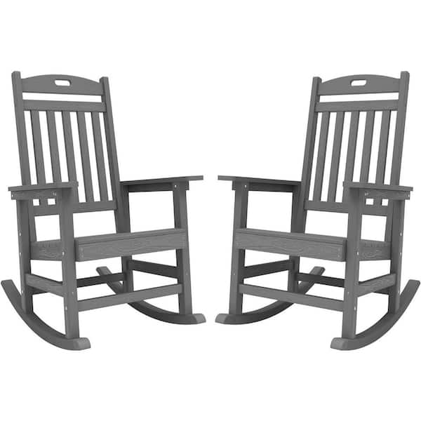 Mximu Gray Plastic Patio Outdoor Rocking Chair, Fire Pit Adirondack Rocker Chair with High Backrest(2-Pack)