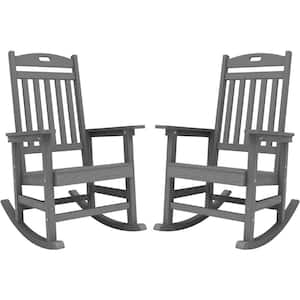 Gray Plastic Patio Outdoor Rocking Chair, Fire Pit Adirondack Rocker Chair with High Backrest(2-Pack)