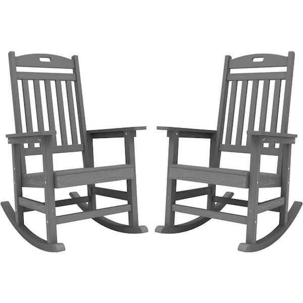 YEFU Gray Plastic Patio Outdoor Rocking Chair, Fire Pit Adirondack Rocker Chair with High Backrest(2-Pack)