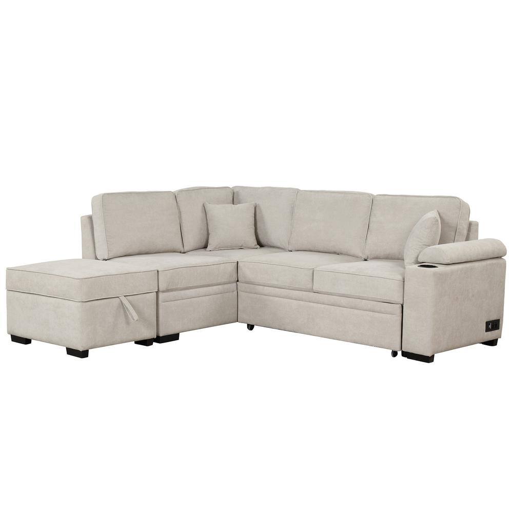 87.40 in. Straight Arm Velvet L-Shaped Sofa in Beige with Storage Ottoman, Sofa Bed