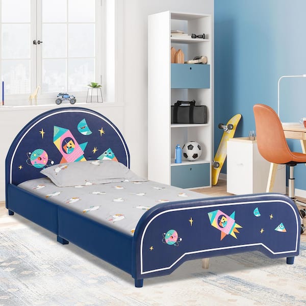 Costway Blue Kids Upholstered Platform Bed Children Twin Size