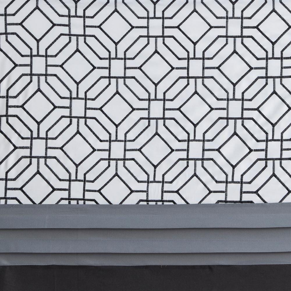 Black and Gray Geometric Embroidered Fabric Shower Curtain with Liner