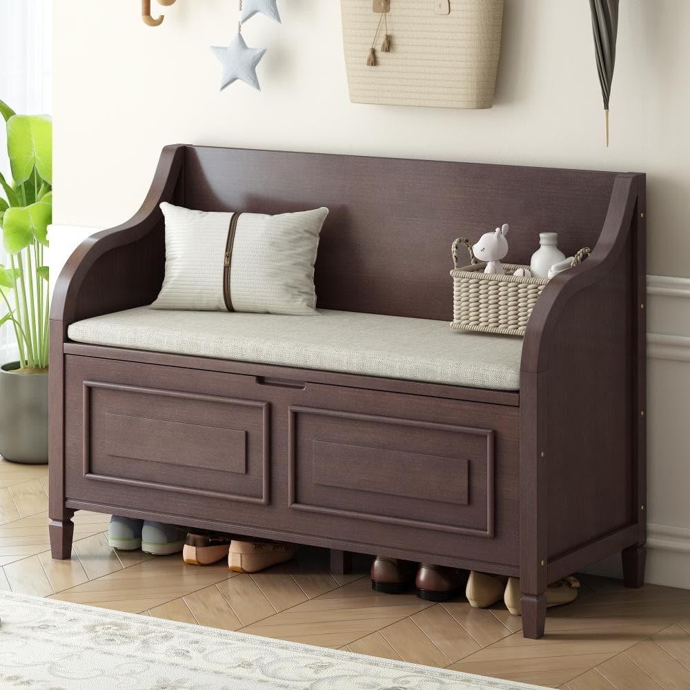 29.5 in. H x 41.9 in. W Espresso Wood Shoe Storage Bench with Cushion