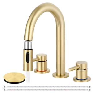 8 in. Widespread Bathroom Faucet 3 Hole with Pull Out Sprayer, Bathroom Sink Faucet with Pop-Up Drain in Brushed Gold