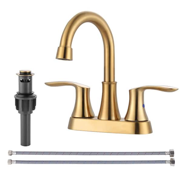 4 in. Centerset Double Handle 3 Holes High Arc Bathroom Faucetwith Pop-Up Drain in Brushed Gold