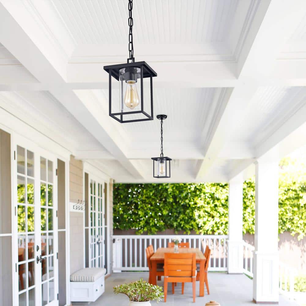 Matte Black Indoor Outdoor Pendant Light with Clear Glass Shade