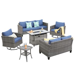 Hyperion 6-Pcs Wicker Patio Rectangular Fire Pit Set and with Denim Blue Cushions and Swivel Rocking Chairs