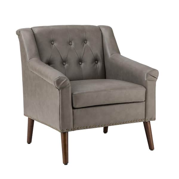 JAYDEN CREATION Nycteus Grey Vegan Leather Armchair with Nailhead Trim