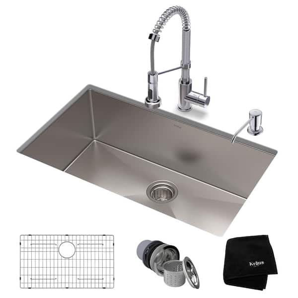 KRAUS Standart PRO 30 in. Undermount Single Bowl 16 Gauge Stainless Steel Kitchen Sink with Faucet in Chrome