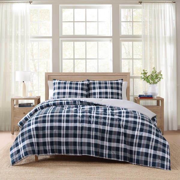 Dream Madras 3-Piece White/Night Skyblue/Red Plain Weave Cotton Full/Queen Duvet Cover Set