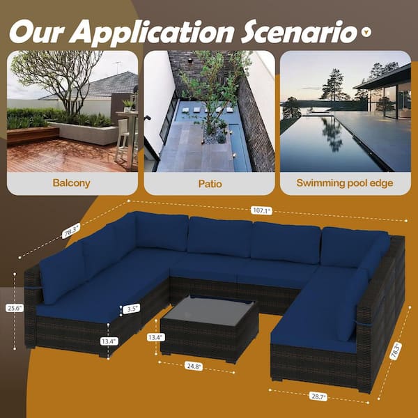 9-Piece Rattan Wicker Patio Conversation Seating Set with Coffee Table and Navy blue Cushions