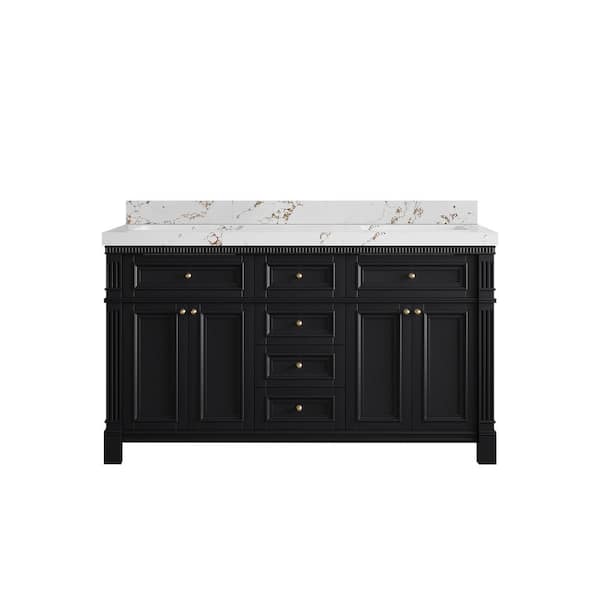 Willow Collections Paris 60 in. W x 22 in. D x 36 in. H Double Sink Bath Vanity in Black with 2 in. Viola Brown qt. Top