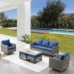 Vanlenta Gray 6-Pcs Wicker Patio Conversation Set with Blue Cushions