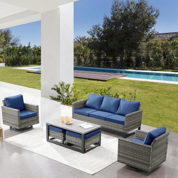 Gymojoy Vanlenta Gray 6-Pcs Wicker Patio Conversation Set with Blue Cushions
