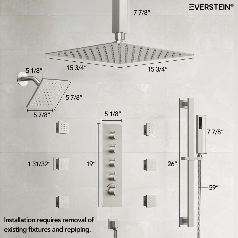 DualJetSpa 16" & 6" Brushed Nickel Dual Shower Head System with Body Jets