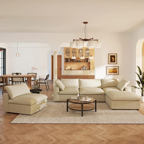 Magic Home Modular 5-Piece Khaki Linen Plush Down Filled Living Room Set Sofa with Ottoman and Washable Covers for Apartment