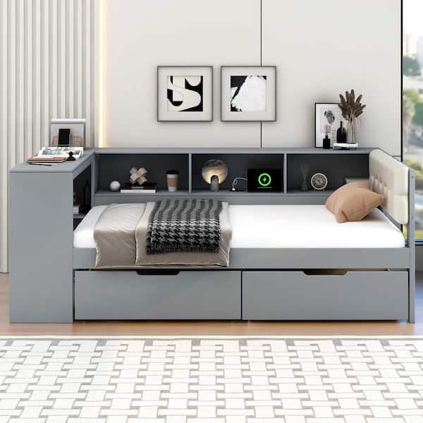 Gray Twin Size Daybed with Storage Shelves, Drawers, Charging Station