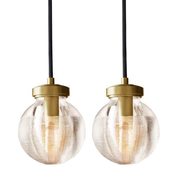 PUYRNF 2-Light 5" Globe Brass Glass Pendant Light, Modern, Minimalist Adjustable Pendant Light for Kitchen, Foyer, Hallway
