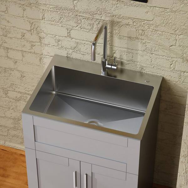 ANGELES HOME 24 in. Gray MDF Drop-in Stainless Steel Laundry Sink with Cabinet