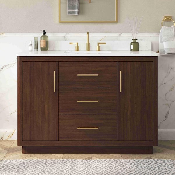 DELUXE DL LIVING Grisel 49 in. Single Sink Freestanding Brown Bath Vanity with White Engineered Stone Top and Backsplash Assembled