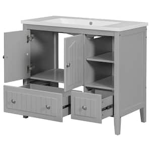 36 in. W x 18.03 in. D x 32.13 in. H Bathroom Vanity in Gray with Cabinet, White Ceramic Basin Top, Drawers