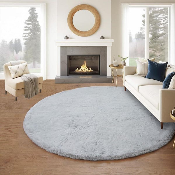 Nourideaux Gray 5 ft. x 5 ft. Circle Rug Fluffy Faux Fur Rug Furry