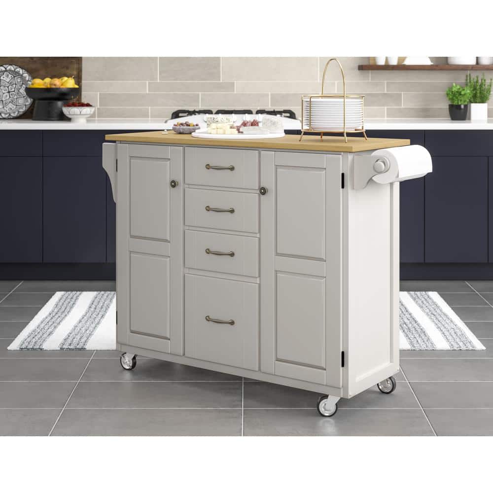White and Natural Wood Kitchen Cart with Storage