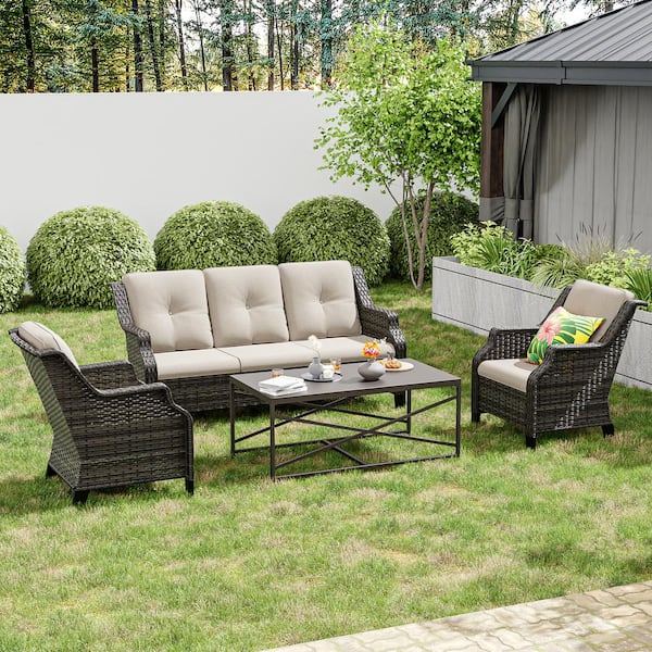 JOYSIDE 4-Piece Wicker Outdoor Patio Conversation Set Sectional Couch with Brown Steel Table and Beige Cushions