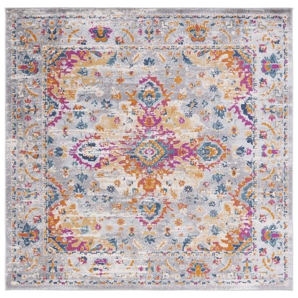 SAFAVIEH Madison Grey/Fuchsia 7 ft. x 7 ft. Border Floral Geometric Medallion Square Area Rug