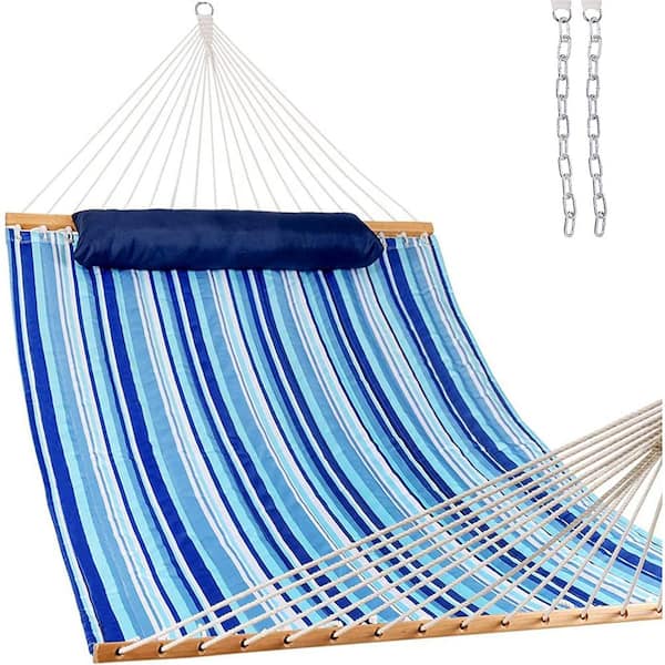 Unbranded 12 ft. Quilted Fabric Hammock with Pillow, Double 2 Person Hammock (Mixed Blue Stripes)