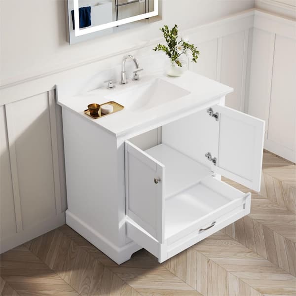 36 in. W x 34 in. H Single Sink White Freestanding Bath Vanity with White Cultured Marble Top, Baskplash, Assembled