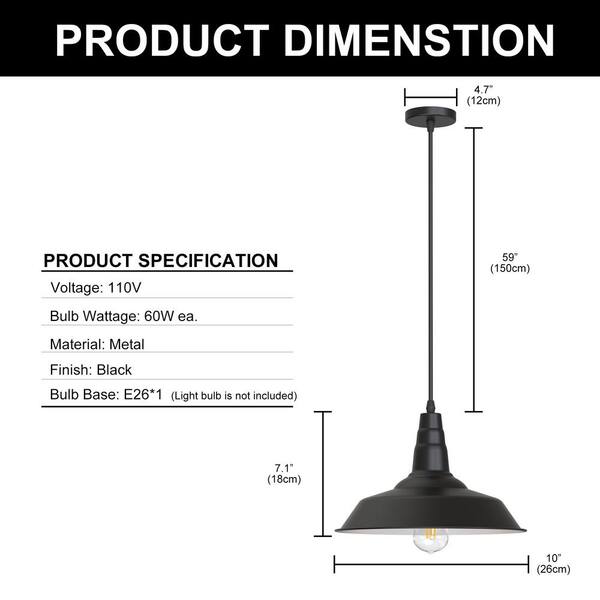 YANSUN 10.24 in. 1-Light Black Dome Shaded Farmhouse Island