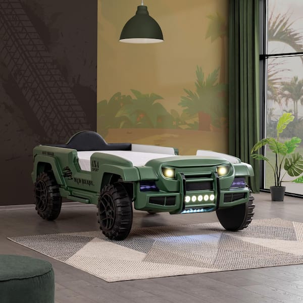 Kaylo Green Twin Novelty 4x4 Offroad Car Platform Bed With LED Lights