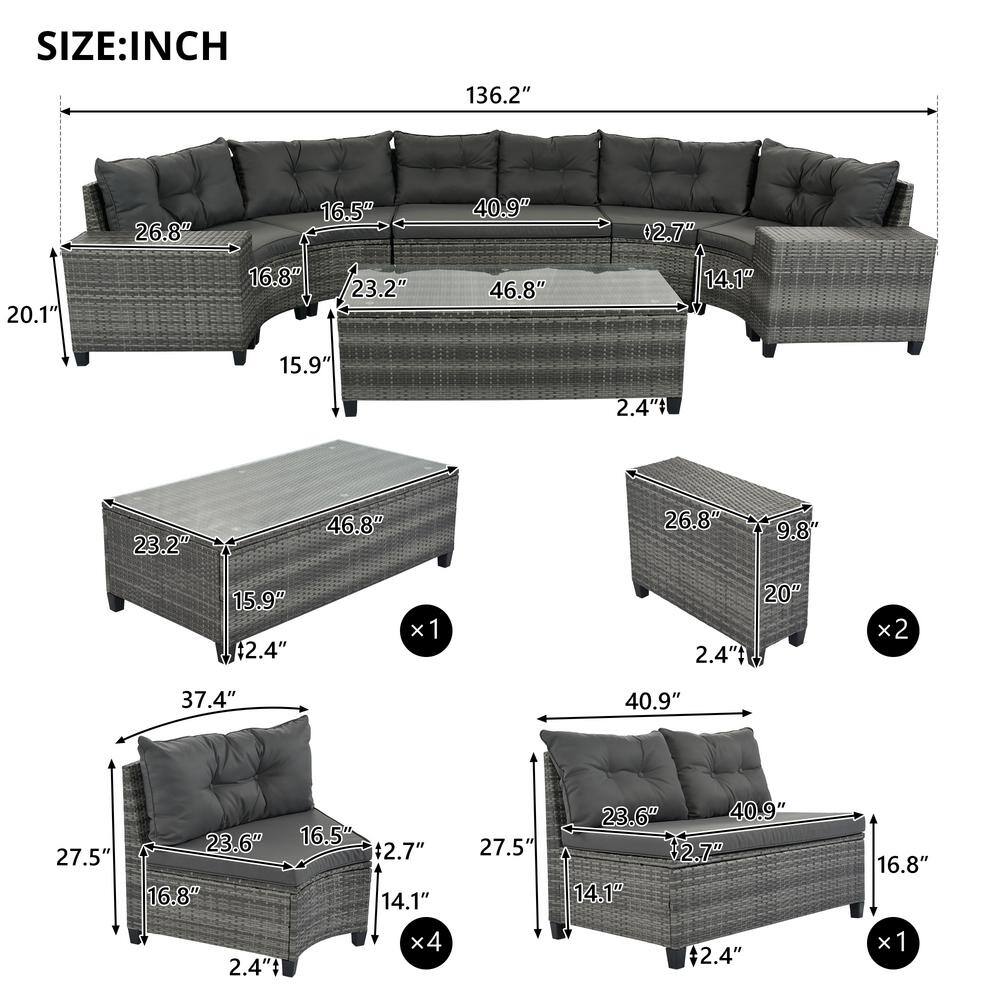 Gray 8-Piece Steel Frame Wicker Outdoor Sectional Sofa Set